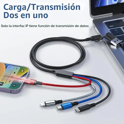 Vista 4 de Cable de carga múltiple 6 en 1, paquete de 2 cables USB de 6 pies, cable de carga 3A, cable de carga USB universal A/C trenzado con 2 puertos