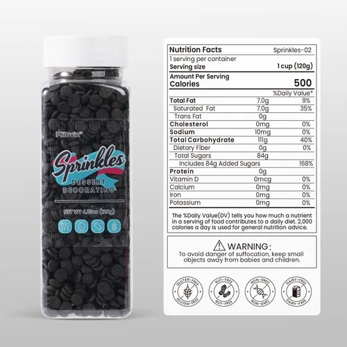 Vista 2 de Chispas negras, chispas de confeti negro para decorar pasteles, chispa redonda para cupcakes, helados, rosquillas, galletas, chocolate (120g/4.23oz)