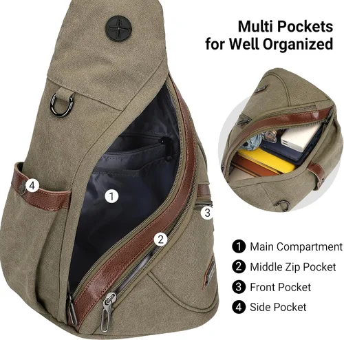 Vista 4 de WITZMAN Bolso bandolera de lona para hombres y mujeres, mochila convertible cruzada, estilo vintage, bolsa de pecho de viaje casual