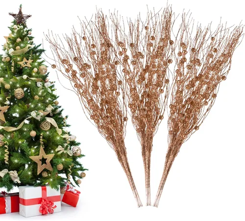 Vista 13 de Losris Decoración de tallos de bayas artificiales con purpurina para Navidad, palitos decorativos de cuentas, picks de Navidad, ramitas y ramas