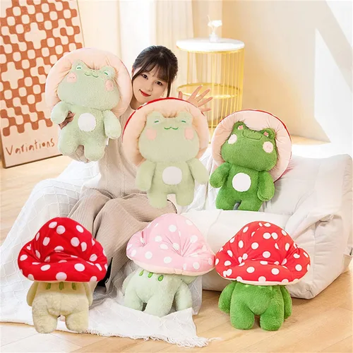 Vista 2 de Peluche de Rana Lindo Sombrero de Hongo Animales de Peluche Juguetes de Peluche Kawaii Cojín Decorativo Decoración del Hogar y Habitación Regalo