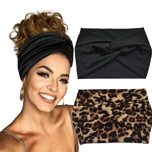 Vista 8 de Hexchasty 2 diademas tipo turbante para mujer, gruesas, a la moda, bohemias, elásticas, bonitas, extra anchas, grandes, de tela anudada, de tela