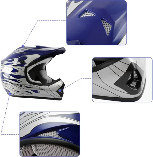 Vista 8 de TCMT Casco Azul para Niños, Motocicleta, Motocross, ATV, BMX, MX, Motocross Todoterreno, Casco Integral, Aprobado por el DOT, Guantes, Gafas
