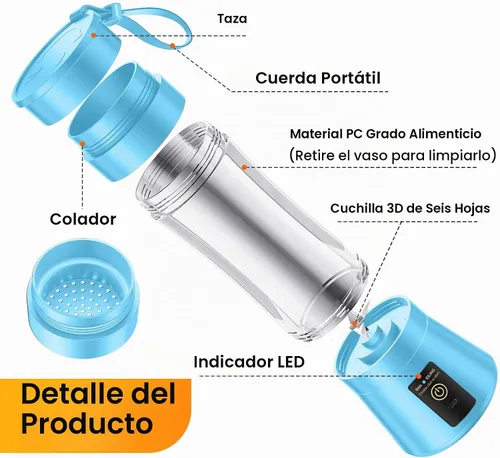 Vista 8 de Licuadora portátil de tamaño personal para hacer batidos - Mini licuadora Azul