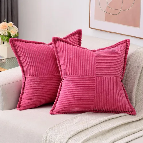Vista 15 de HAUSSY Paquete de 2 fundas de almohada de 16 x 16 pulgadas, fundas decorativas de pana suave, estilo bohemio, a rayas, sólidas, decoración