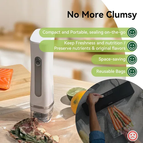 Vista 4 de Máquina selladora al vacío inalámbrica compacta para conservación de alimentos con 30 bolsas reutilizables de almacenamiento al vacío
