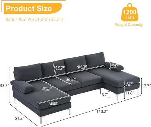 Vista 2 de Karl home - Sofá seccional de 110 pulgadas en forma de U, 4 asientos, color gris Double Chaise, Linen Fabric Upholstered, Metal Legs, Room