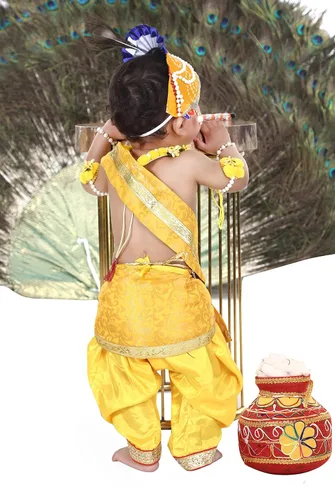 Vista 4 de Raj Fancy Dresses Vestido Shri Krishna para bebés, niño y niña, vestido Janmashtmi con Dhoti Dupatta, vestido Kanha, para 3 meses a 8 años