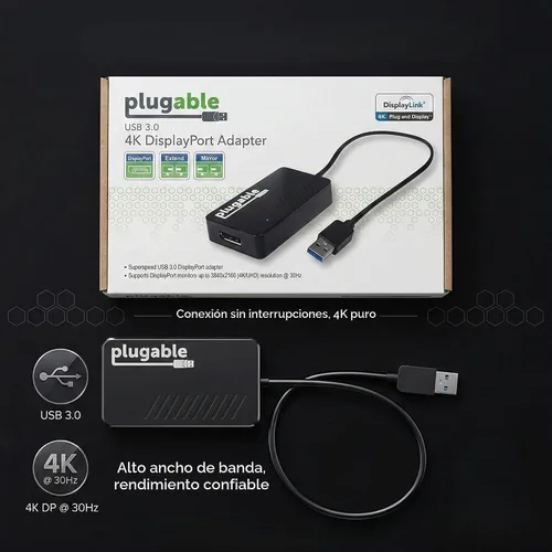 Vista 7 de Plugable Adaptador de gráficos de video USB 3.0 a DisplayPort 4K UHD para múltiples monitores de hasta 3840x2160 compatible con Windows 11,10, 8.1