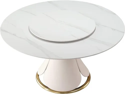 Vista 8 de Leavader Mesa de comedor redonda de 59 pulgadas, moderna mesa de mármol sintético con bandeja giratoria y base en forma de pétalo, mesa de comedor