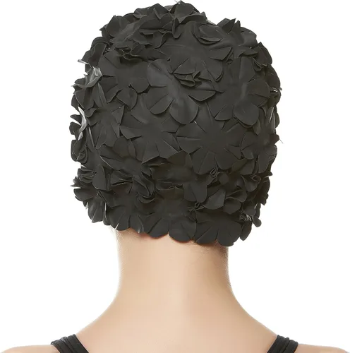 Vista 3 de Gorro de baño floral de pétalo para damas BEEMO, gorra de natación retro para mujeres, pelo largo/corto