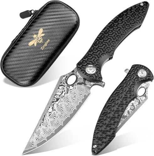Vista 13 de Zingbee Cuchillo de bolsillo de Damasco de 3.46 pulgadas con clip, mango antideslizante azul DMXQ 1-azul