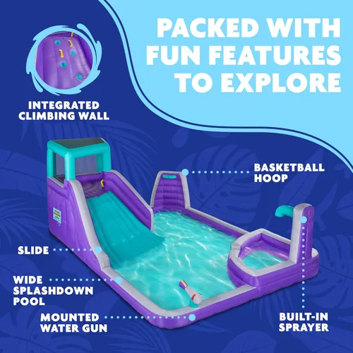 Vista 2 de Sunny & Fun - Parque inflable de cuatro esquinas, resistente para diversión al aire libre, pared de escalada, tobogán y piscina profunda, fácil