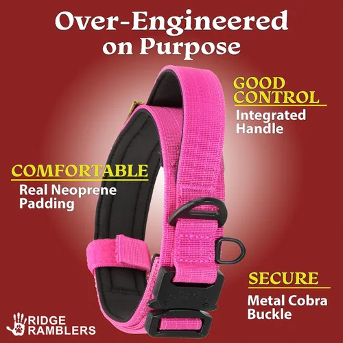 Vista 3 de Collar táctico para perro avanzado rosa con asa - Hebilla de metal resistente y ligera y acolchado de neopreno suave - Collar militar para perros