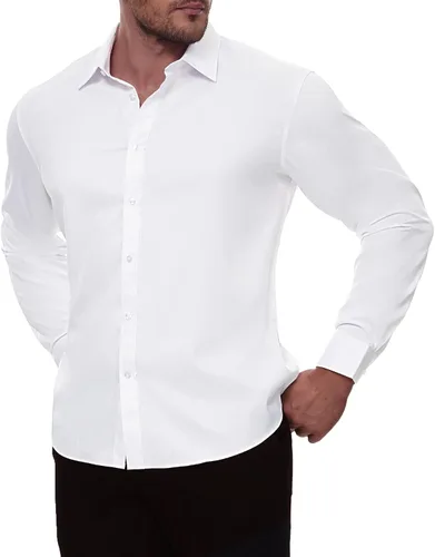 Vista 7 de Alimens & Gentle Men's Dress Shirts Long Sleeve Stretch Wrinkle-Free Solid Business Formal Casual Button Down Shirt