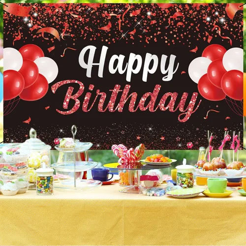 Vista 4 de Trgowaul Fondo de pancarta de feliz cumpleaños, decoración de fiesta de cumpleaños rojo y negro, suministros de fiesta de cumpleaños, niños, hombres