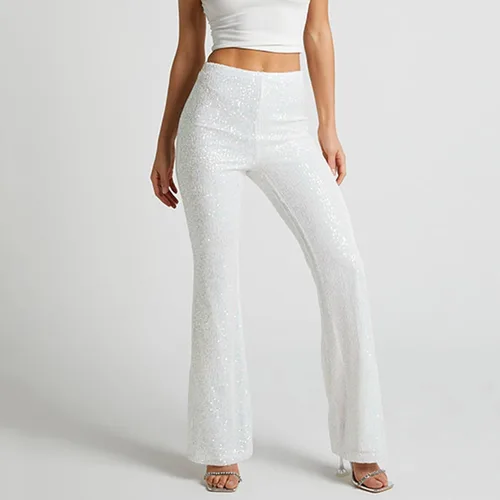 Vista 5 de Aloneabd Pantalones acampanados con lentejuelas brillantes para mujer, holgados, de cintura alta, a la moda, brillantes, para fiesta, club