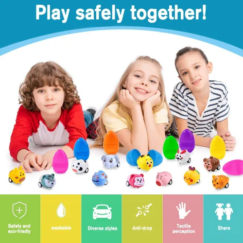 Vista 3 de DIYDEC 12 huevos de Pascua precargados con juguetes de auto para tirar hacia atrás, coloridos mini autos de carreras, regalos para niños, regalos