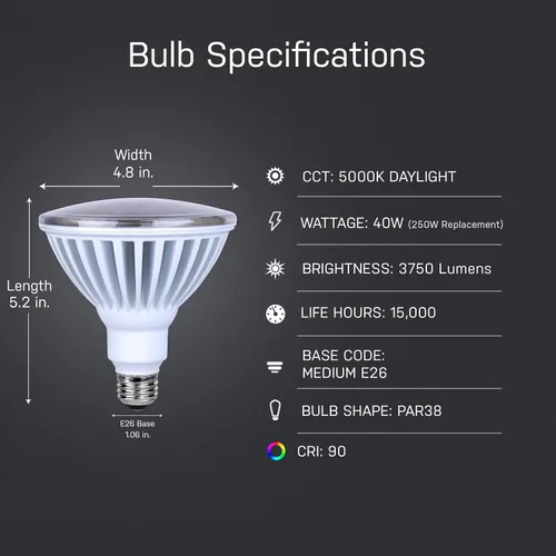 Vista 2 de Feit Electric Bombilla LED PAR38 del anochecer al amanecer, 3750 lúmenes, fotocélula integrada, 40 W, bombilla de inundación equivalente a 250 W
