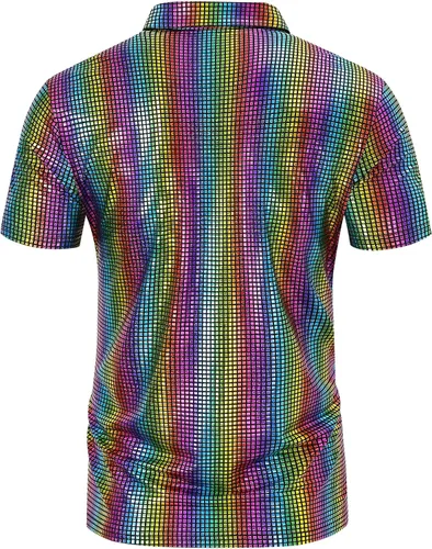 Vista 3 de TURETRENDY Camisa de discoteca de los años 70 para hombre, con lentejuelas brillantes, manga corta, para fiesta, polo hipster, discoteca, baile