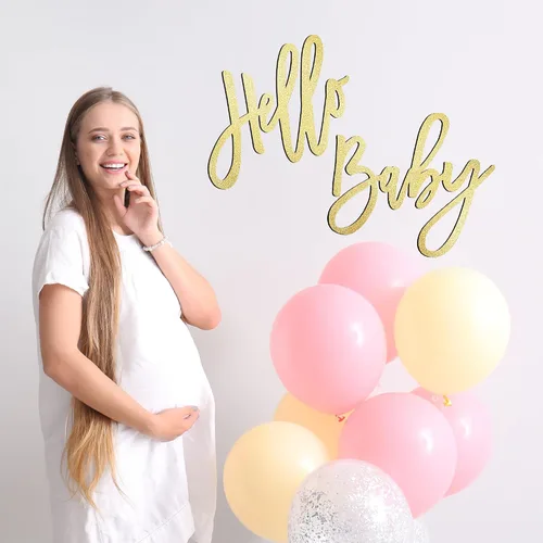 Vista 7 de HELLO BABY Letrero (madera/dorado) para decoración de baby shower, pancarta de fiesta, revelación de género, anuncios de bebé, fiesta de primer