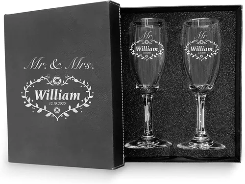 Vista 29 de Juego de 2 copas de champán personalizadas para boda grabadas con caja - Bride & Groom's Wedding Toast
