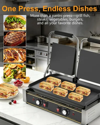 Vista 3 de Panini Press comercial - Parrilla eléctrica Panini de 3600 W, acero inoxidable, controles de temperatura duales, prensa doble sándwich con sartén