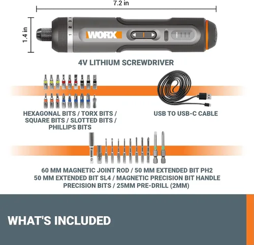 Vista 6 de WORX Destornillador de litio 4V Kit de accesorios de 30 piezas WX242L Cordless Driver with Rechargeable Battery, Black/Silver, for Home DIY