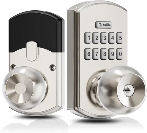 Vista 10 de Hidalife Pomo de puerta inteligente con teclado, cerradura de puerta de entrada sin llave de huellas dactilares para puerta delantera, modo de paso