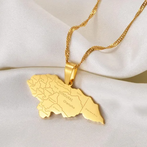 Vista 4 de YUANYIRAN Mapa de Honduras Colgante Collares Collar patriótico étnico con bandera de África Mapa, joyería clásica de Hip Hop de color dorado