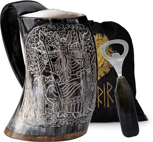 Vista 7 de FENRIR Cuerno vikingo para beber de 16 oz con soporte y abridor para cerveza, ale, mead, regalo para hombres y mujeres 100% auténtico hecho a mano