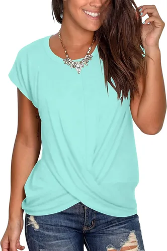 Vista 4 de Jescakoo - Camiseta de mangas cortas para mujer, cuello redondo, nudo en la parte delantera, ajuste holgado