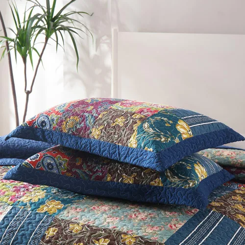 Vista 6 de VISIMISI - Juego de colcha de algodón, juego de cubrecama reversible de retazos, 3 piezas, diseño vintage floral de mosaico azul, tamaño queen