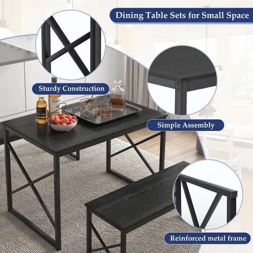 Vista 6 de VECELO Juego de Mesa de Comedor de Cocina con Bancos para 4, Mesa de Comedor de Madera de 43.3" con 2 Bancos, Mesa de Comedor de Alta Resistencia
