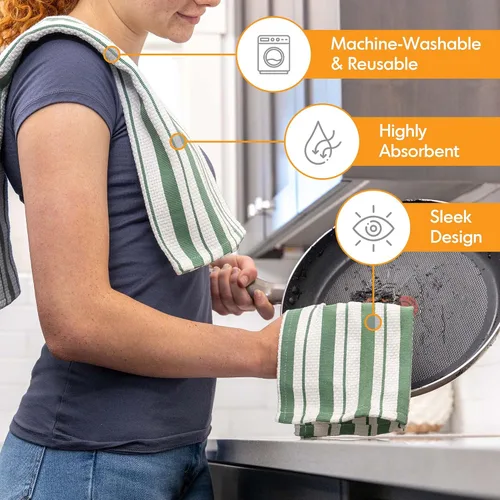 Vista 4 de MU kitchen El paño de cocina Basketweave es 100% algodón, absorbente para limpiar y secar, lavable y reutilizable, juego de 8, ladrillo