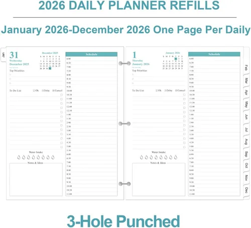 Vista 2 de Recambio de planificador 2026: una página por día, 3 agujeros, diario y mensual, de enero de 2026 a diciembre de 2026, priorizada, lista de tareas
