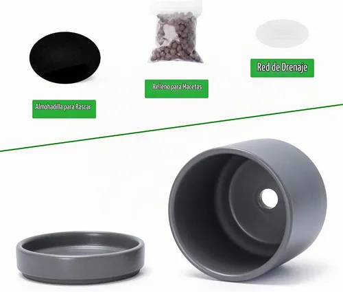 Vista 4 de D'vine Dev Paquete de 4 macetas de cerámica con platillos, color gris, 4.7 Diseño moderno de cilindro, cerámica esmaltada, orificio de drenaje