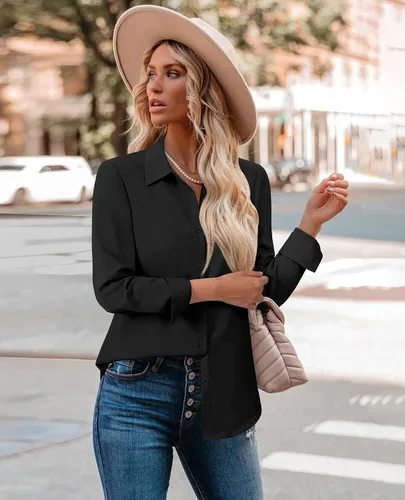 Vista 2 de siliteelon Camisas de manga larga con botones de gasa para mujer: blusas de trabajo con cuello para negocios, oficina, vestidos casuales