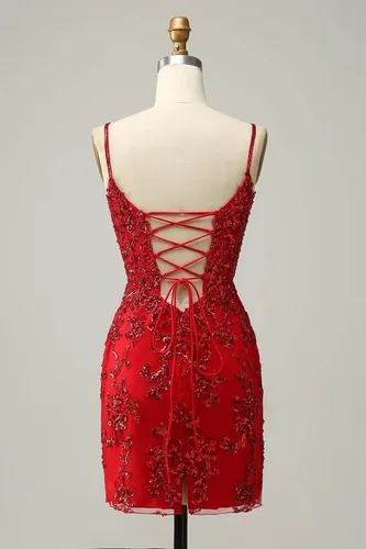 Vista 5 de Vestidos ajustados de encaje de lentejuelas para adolescentes, tirantes delgados, cuello en V, vestido corto de graduación, mini vestido de cóctel