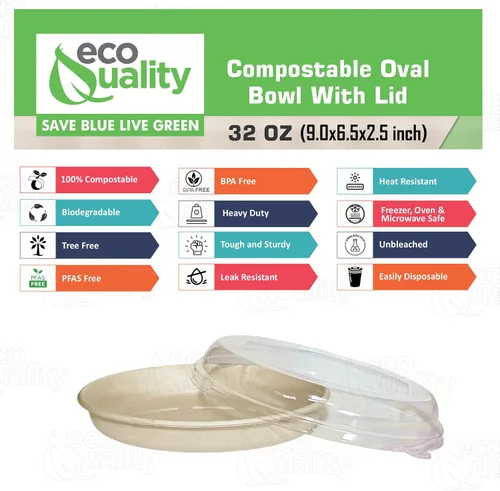 Vista 2 de Cuencos de burrito ovalados desechables de fibra compostable de 32 onzas con tapas de cúpula, resistentes, ecológicos, bagazo natural sin blanquear