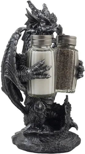 Vista 3 de Home-n-Gifts - Juego de salero y pimentero de dragón mítico con figura de soporte para decoración medieval y de fantasía o mesa de cocina