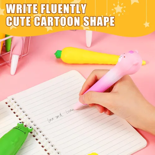 Vista 5 de PerKoop 40 bolígrafos blandos Kawaii con recambios, suministros de estrés para apretar, tinta de gel estacionaria de animales de dibujos animados
