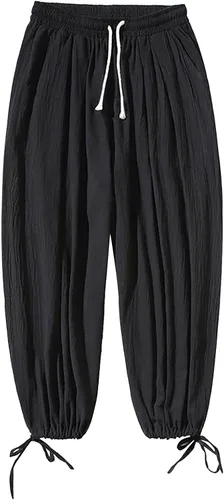 Vista 4 de Pantalones harén de algodón y lino para hombre, estilo casual, holgados, color sólido, hippie, yoga, pierna ancha, con cordón, pantalones de playa