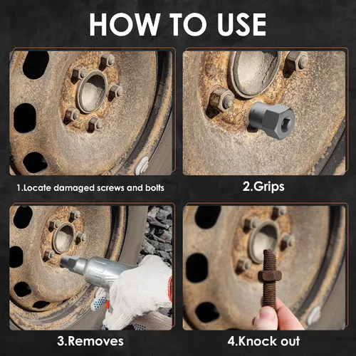 Vista 4 de Juego de 5 piezas de extractor de pernos de servicio pesado, herramienta de extracción de tuercas de rueda de impacto de 1/2" de transmisión
