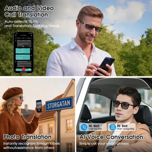 Vista 5 de Gafas inteligentes Al 2026, gafas de traducción Bluetooth con 164 idiomas Lentes fotocromáticas negras