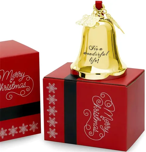 Vista 2 de JUPPE It's A Wonderful Life Adorno de campana de Navidad, adorno de campana dorada grabada con ala de ángel y dije 2025 (dorado)