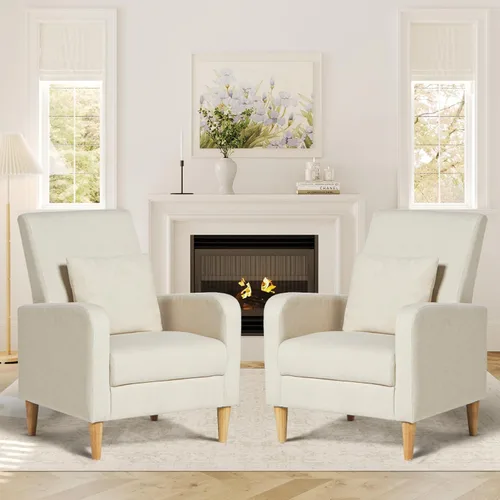Vista 13 de COLAMY Mid-Century - Silla decorativa tapizada moderna con almohada trasera y patas de madera maciza, sillón acogedor de tela para sala de estar