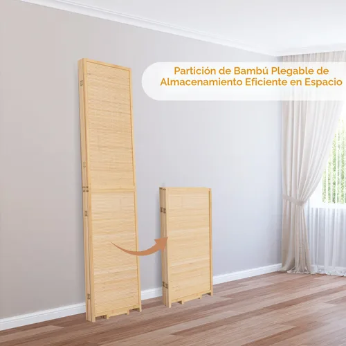 Vista 4 de Divisor de habitación tejido de malla de bambú de 5.6 pies, pantalla de privacidad plegable de 4 paneles, beige