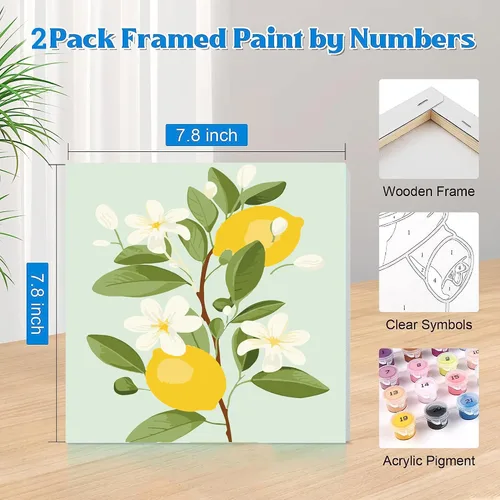 Vista 2 de cupmod Paquete de 2 pinturas enmarcadas por números para niños, kit de pintura acrílica fácil por números sobre lienzo, pintura al óleo de frutas