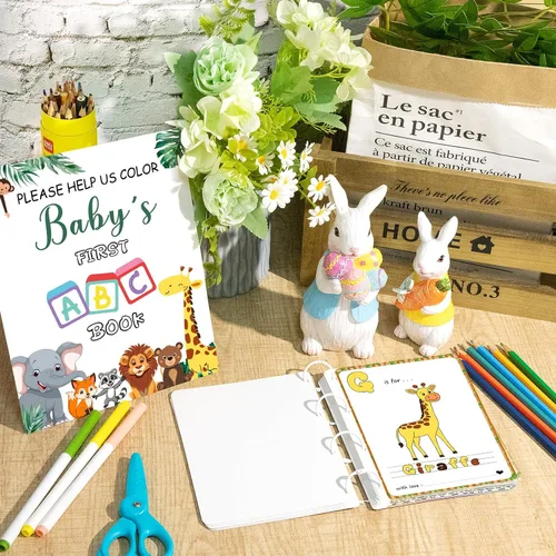 Vista 5 de Baby's First ABC Book Baby Shower Juego de 26 tarjetas para colorear del alfabeto animal de la A a la Z para baby shower, libro de invitados
